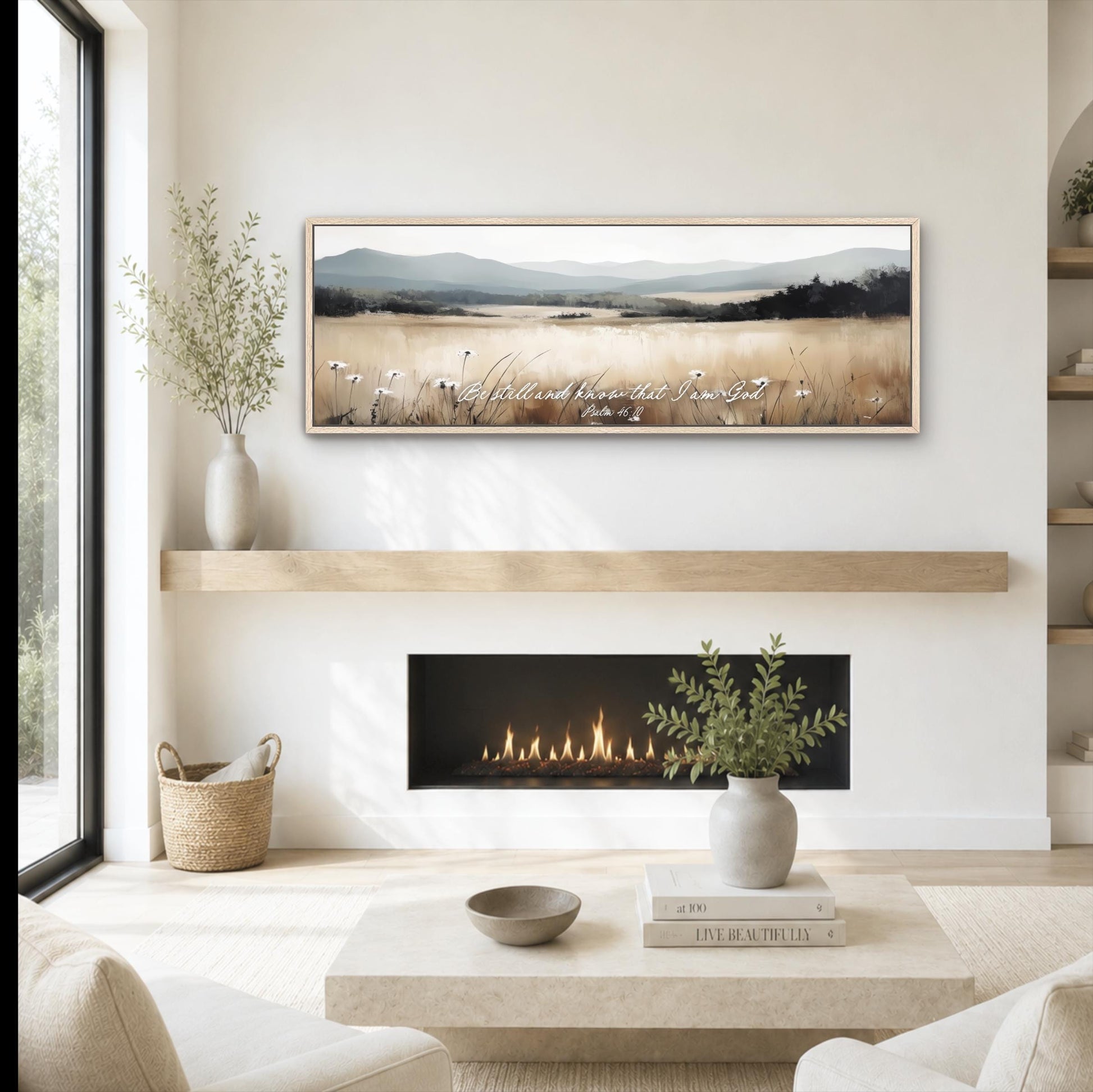 a cozy living room with a fireplace, a coffee table, and a framed landscape painting above it. The painting features a serene countryside scene with mountains and a field. The room is decorated with potted plants, vases, and other home decor items, creating a warm and inviting atmosphere.