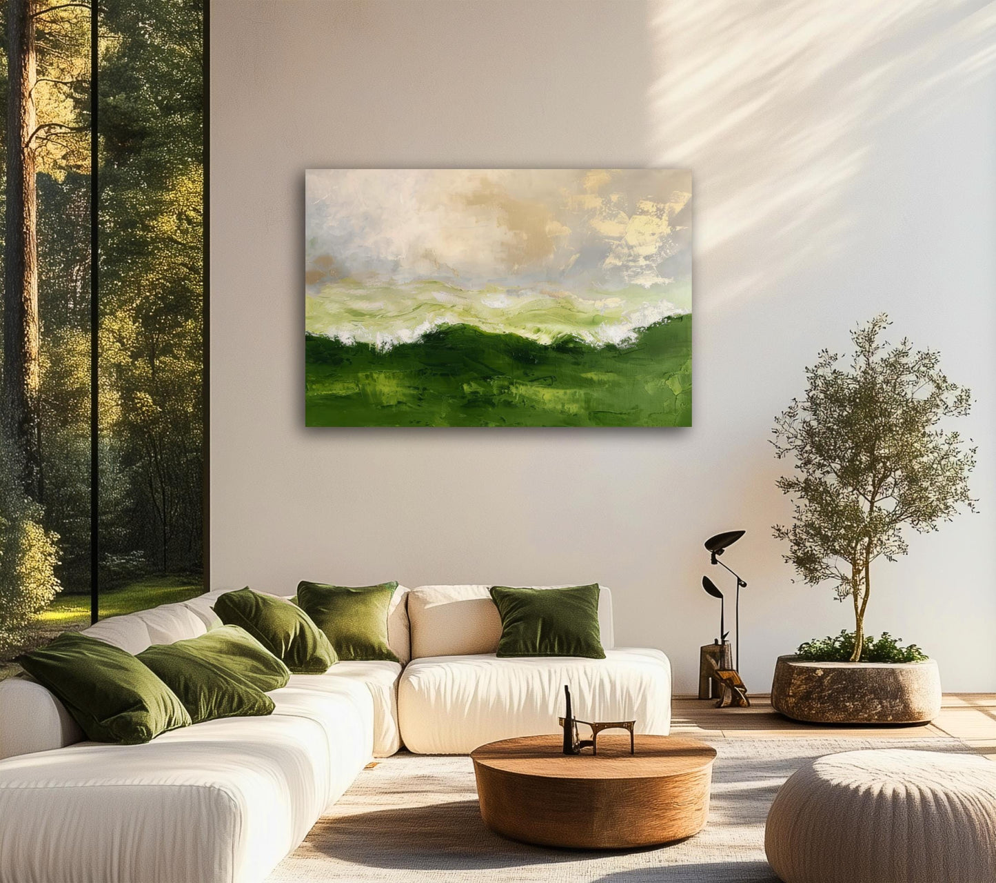 a modern living room with a large window overlooking a lush green landscape. The room is furnished with a white sofa, a wooden coffee table, and a potted plant. A large painting of a green landscape hangs on the wall above the sofa.