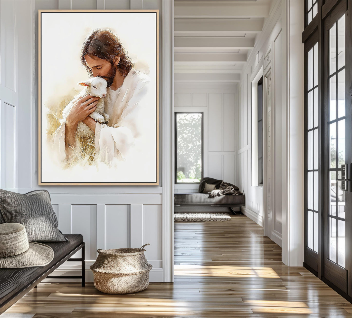 a large painting of Jesus hugging a lamb, hanging on a wall in a room with a wooden floor and a window.