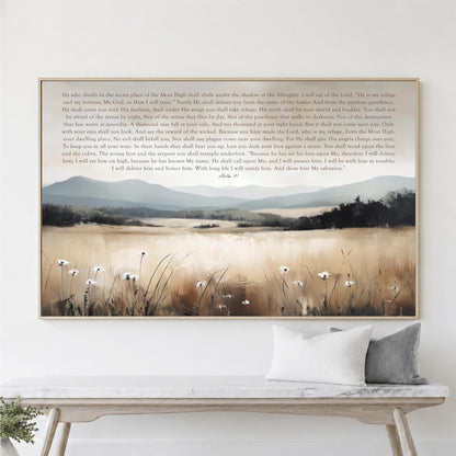 The image is a framed painting depicting a serene landscape with a field of tall grass and white flowers, set against a backdrop of mountains and a cloudy sky.