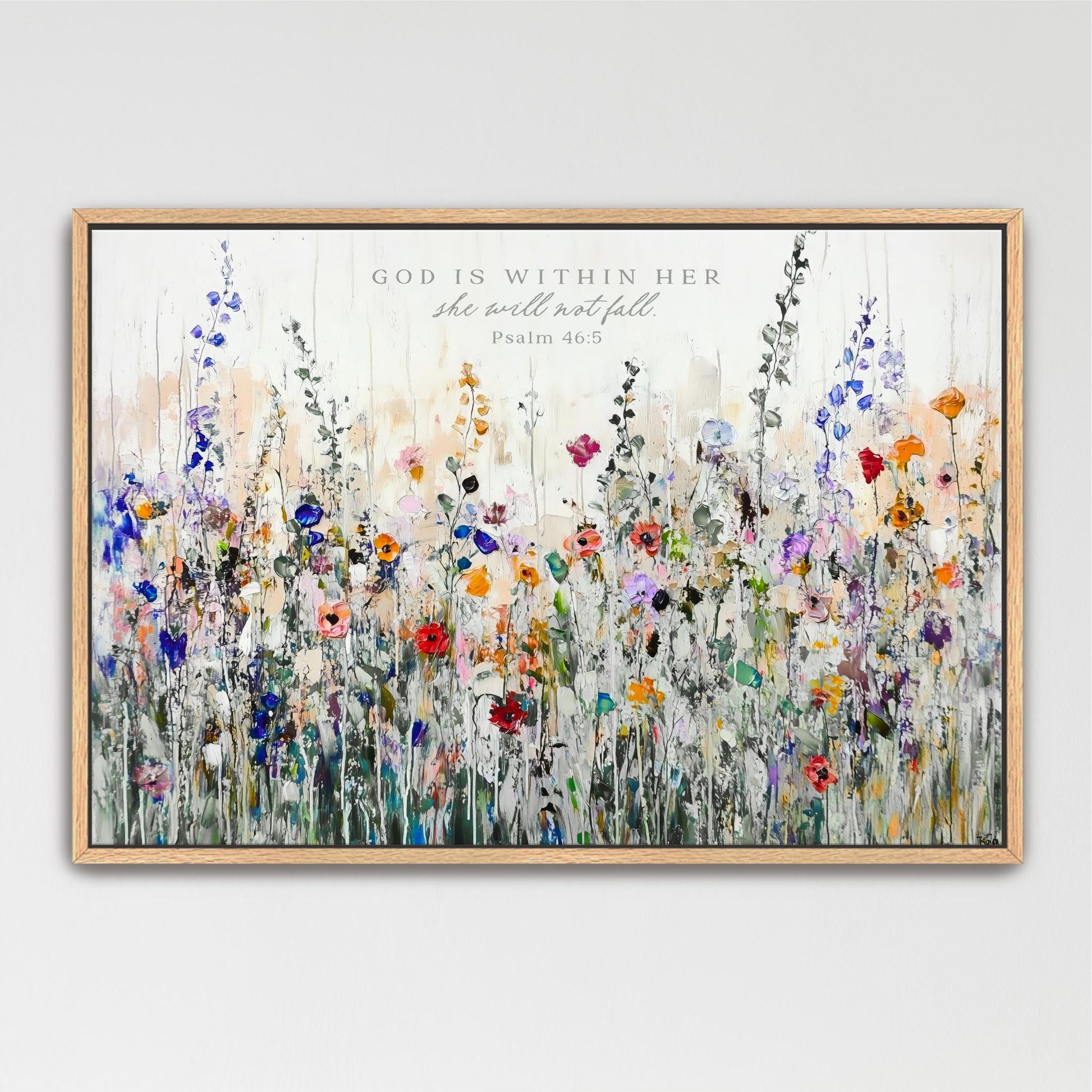 The image is a framed painting depicting a vibrant field of colorful flowers, with the text "God is within her" and "she will not fall" written above it.