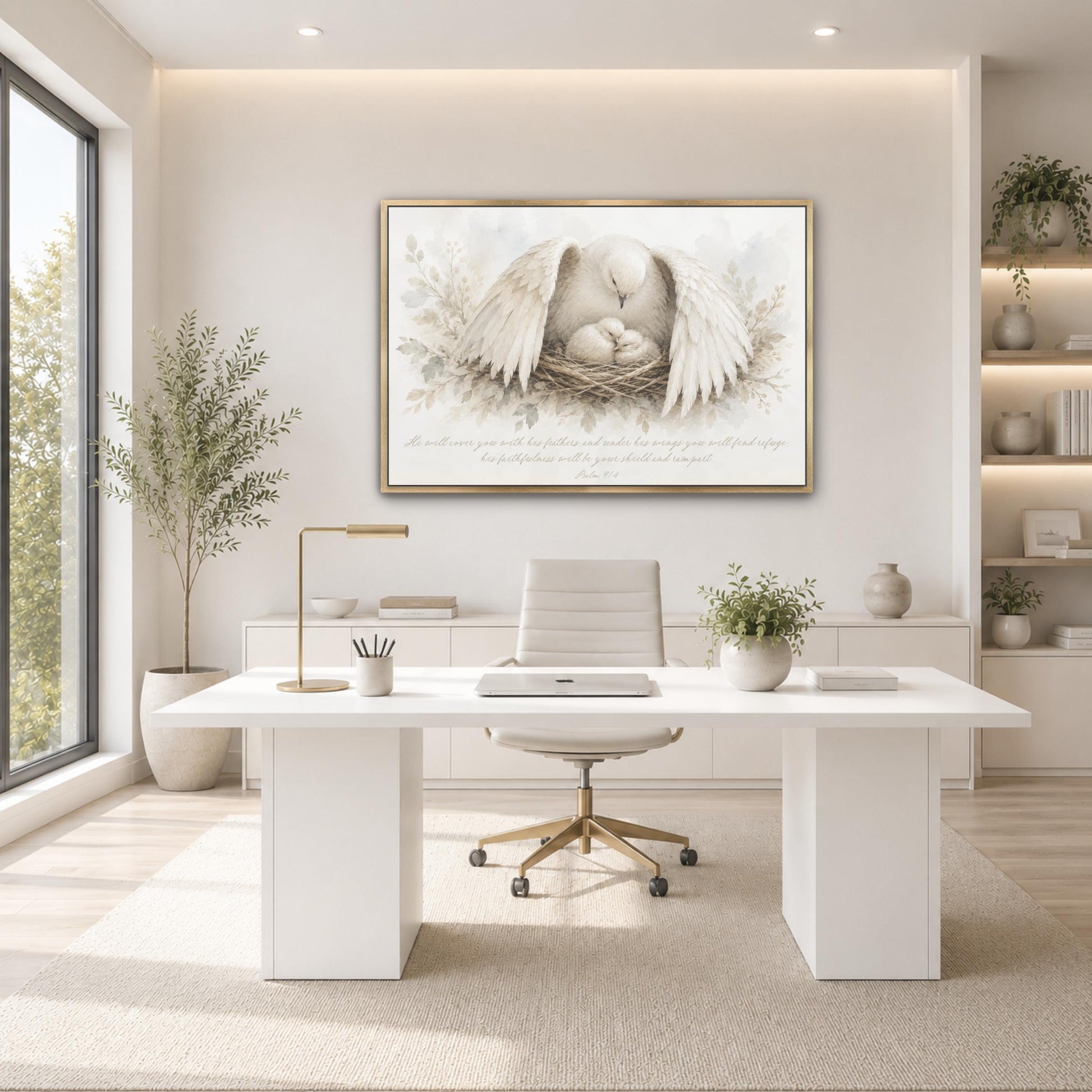 A modern and minimalist office space with a large window, a white desk, a white chair, and a framed artwork depicting a bird in a nest.