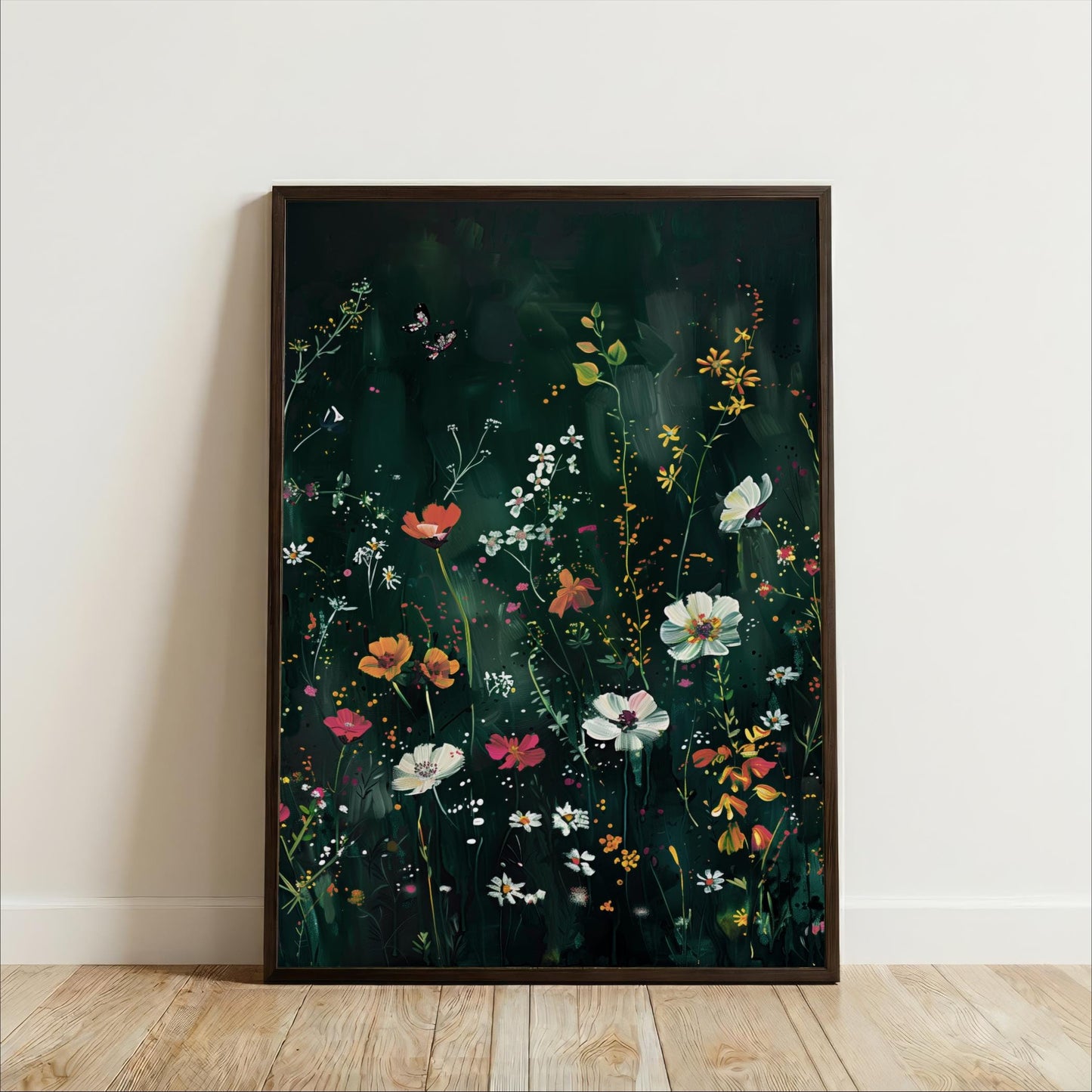 The image is a framed painting depicting a vibrant and colorful floral scene with various types of flowers and plants.