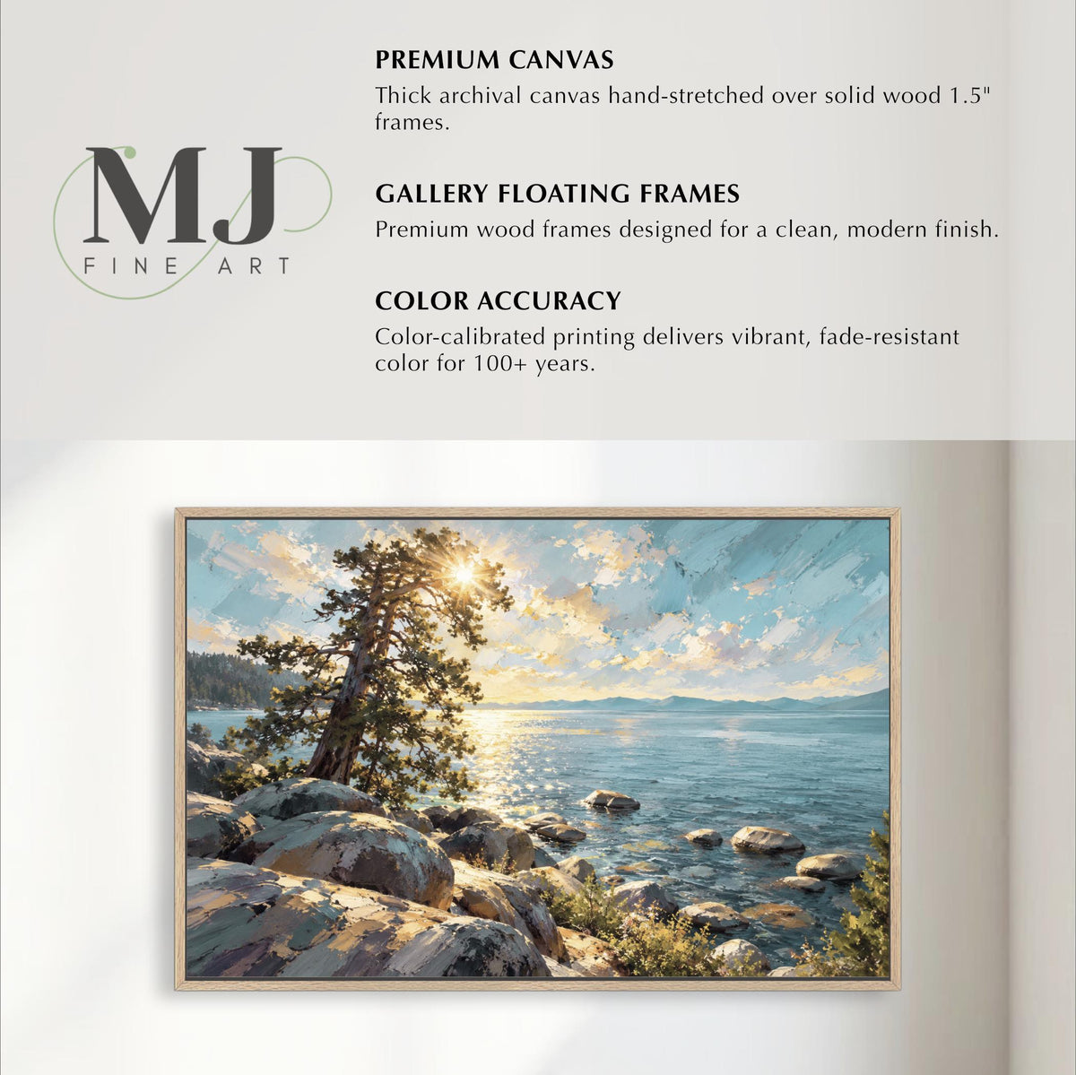 The image is a collage of two framed paintings. The top frame is a premium canvas hand-stretched over solid wood 1.5" frames, while the bottom frame is a gallery floating frame designed for a clean, modern finish. The painting in the bottom frame is a color accuracy painting, which delivers vibrant, fade-resistant color for 100+ years.