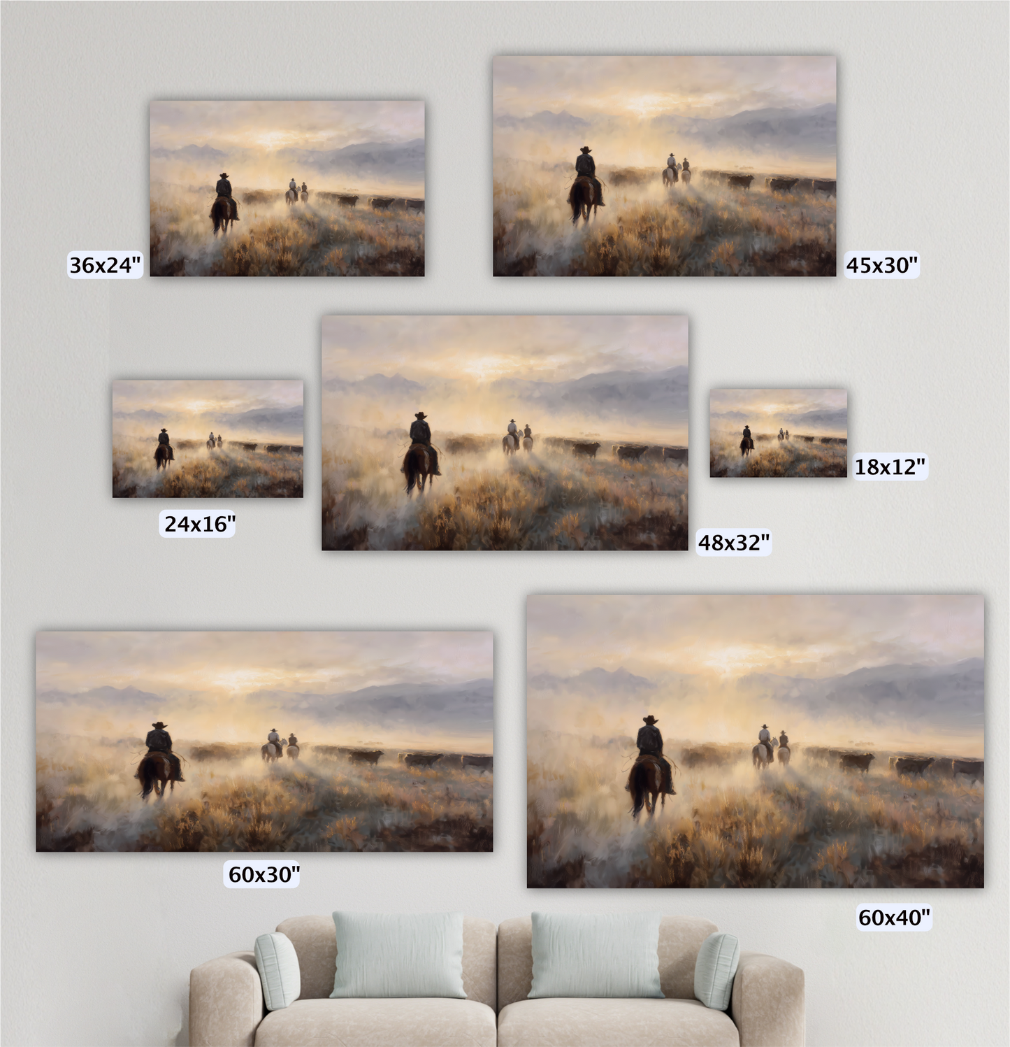 a collection of six different-sized paintings or photographs depicting cowboys riding horses in a field.