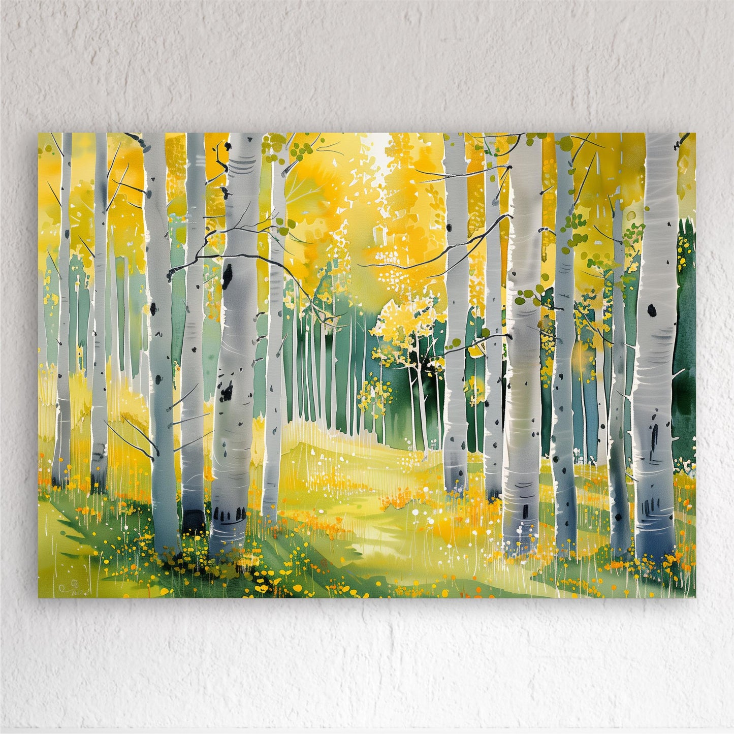 A painting depicting a serene forest scene with tall trees in the foreground and a path leading through the middle ground, surrounded by yellow flowers.