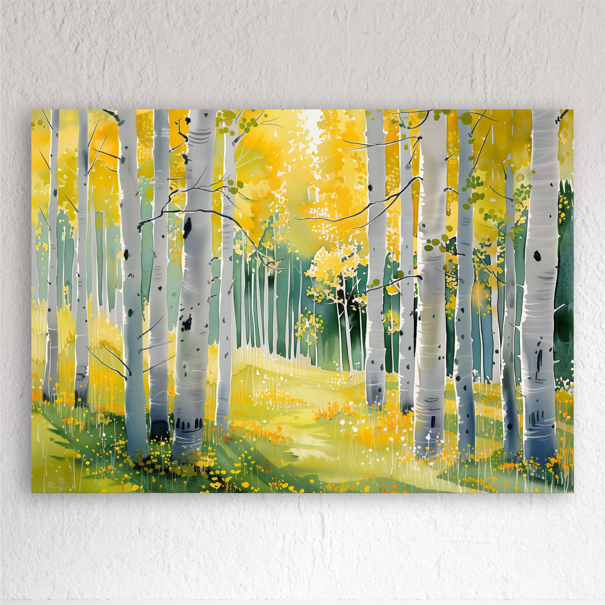 A painting depicting a serene forest scene with tall trees in the foreground and a path leading through the middle ground, surrounded by yellow flowers.