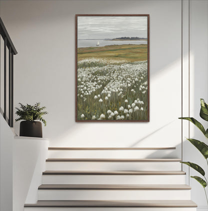 a painting of a field of white flowers hanging on a wall, with a staircase below it.