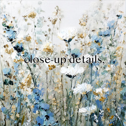 The image is a close-up of a painting of a field of flowers, with the text "close-up details" overlaid on the image.
