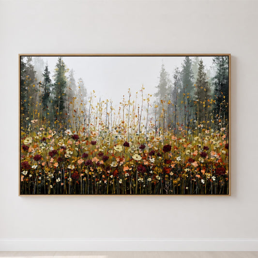 Fall Mountain Meadow Landscape Wall Art, Floral Field Artwork, Cottagecore Decor, Framed Canvas Print Pine Tree Burgundy Nature Painting