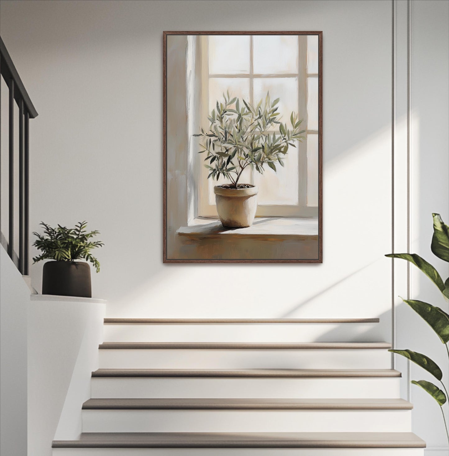 a potted plant on a windowsill, with a painting of the plant hanging on the wall above the steps.