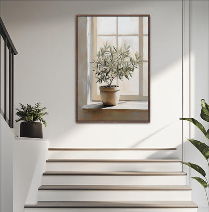 a potted plant on a windowsill, with a painting of the plant hanging on the wall above the steps.