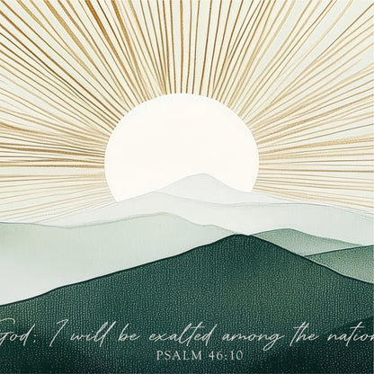 a serene landscape with a sun rising over a mountain range, casting a warm glow across the scene.
