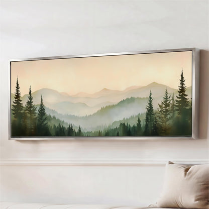 a large framed landscape painting depicting a serene mountain scene with pine trees and a hazy, golden sky.
