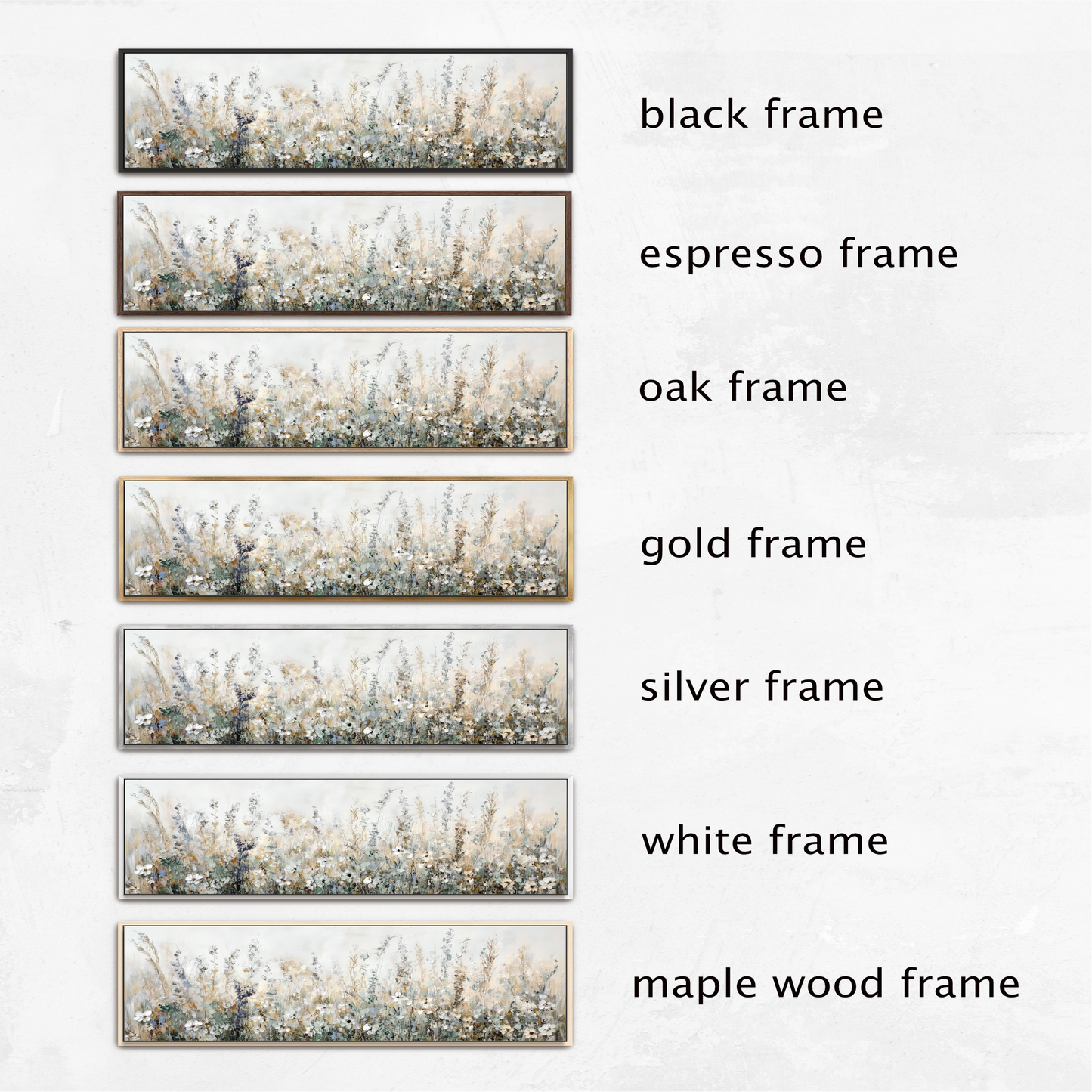 a series of six framed artworks, each with a different frame color and style. The artworks are arranged in a row, with the first one being a black frame, followed by an espresso frame, an oak frame, a gold frame, a silver frame, and a white frame. The last one is a maple wood frame.