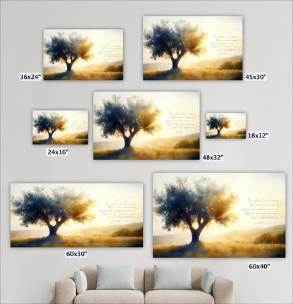 a collection of six different sizes of landscape paintings, each depicting a serene scene of a tree against a backdrop of a field and a sunset. The paintings vary in size, ranging from 36x24 inches to 48x32 inches. The largest painting is 60x30 inches, while the smallest is 60x40 inches. The paintings are arranged in a row, with the largest one placed above a couch, creating a visually appealing display.