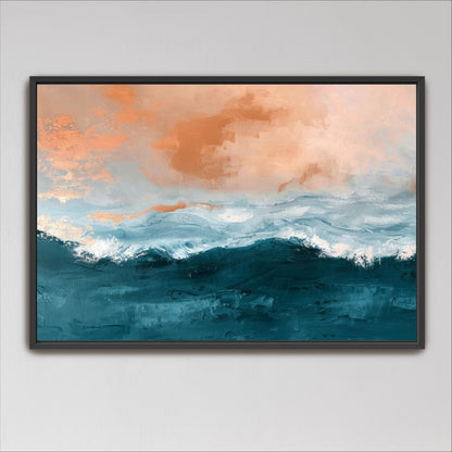 The image is a framed painting depicting a seascape with a large wave crashing against the shore. The painting features a mix of blue and orange colors, creating a vibrant and dynamic scene.