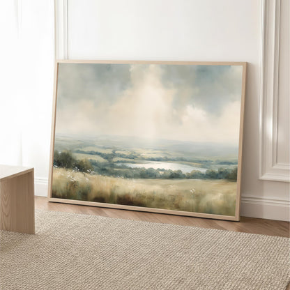 a large landscape painting hanging on a wall, depicting a serene countryside scene with rolling hills, a lake, and a cloudy sky.