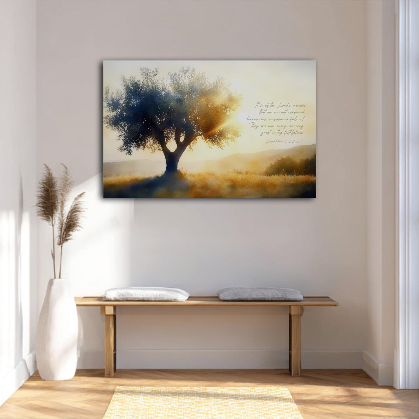 a serene scene of a tree with a warm, golden glow in the background, set against a peaceful landscape. The tree is the central focus, with a peaceful and tranquil atmosphere. The image is framed by a white wall, and a wooden bench is positioned in front of it, inviting viewers to sit and enjoy the view. A potted plant is also present in the scene, adding a touch of nature and greenery to the overall composition.