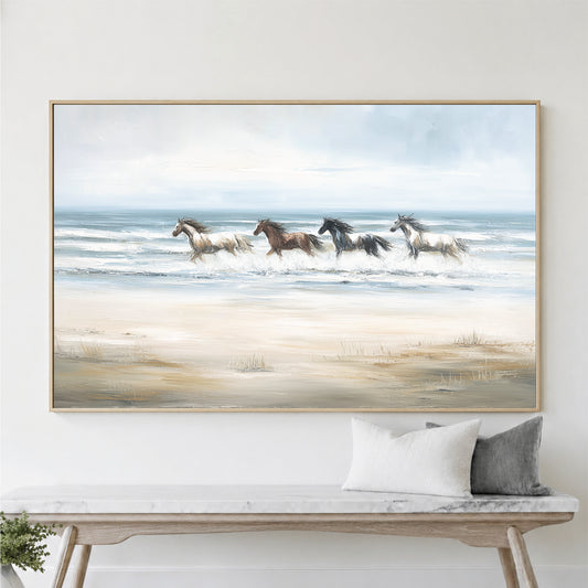 Wild Horses Coastal Wall Art, Neutral Beach Horse Painting, Large Ocean Wall Art, Abstract Framed Canvas Print, Neutral Modern Minimalist