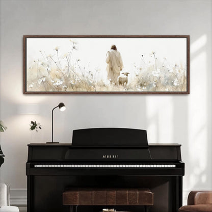 a large framed painting of a person walking with a sheep in a field, hanging on a wall above a black piano.