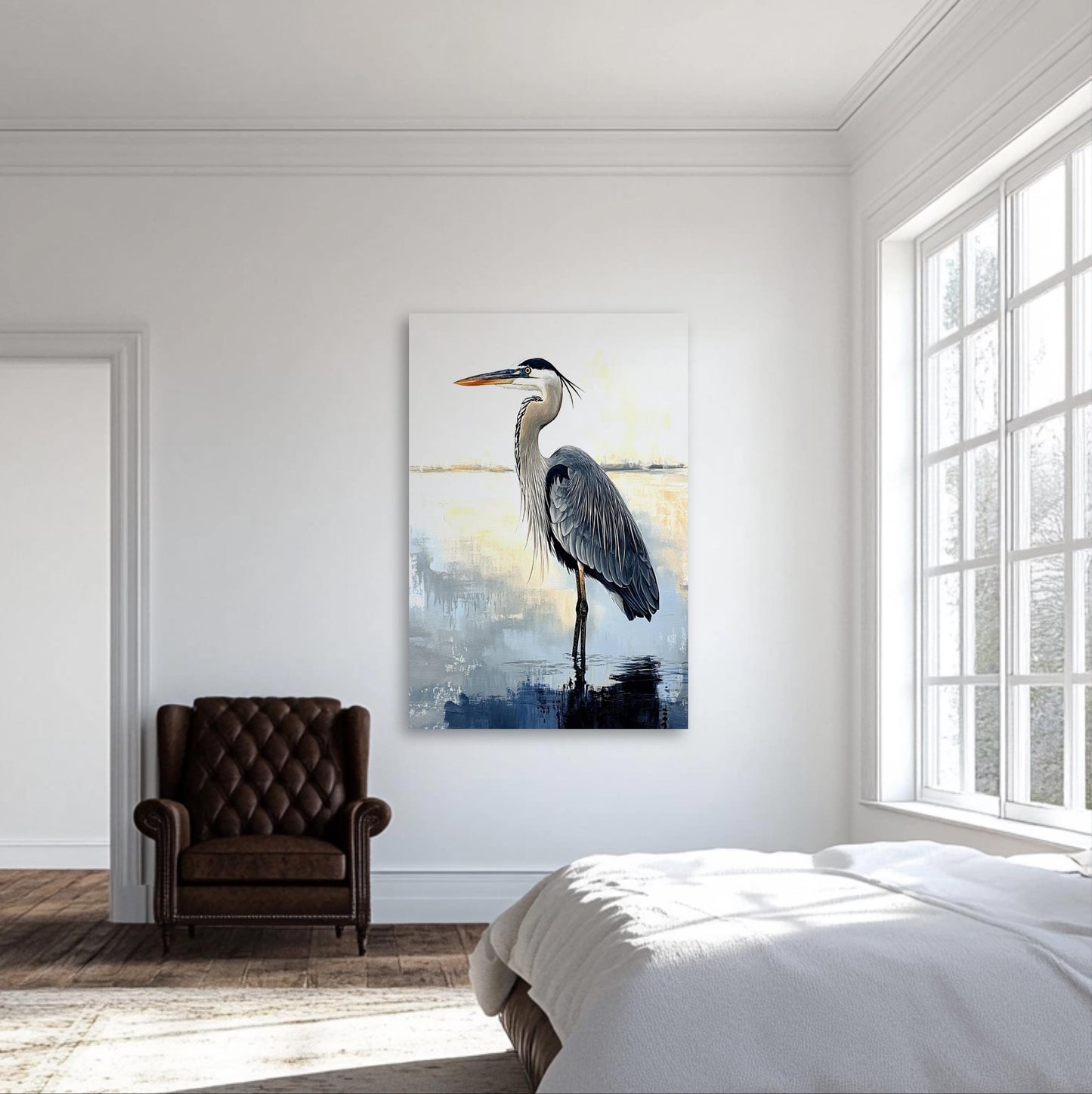 a bedroom with a chair and a painting on the wall