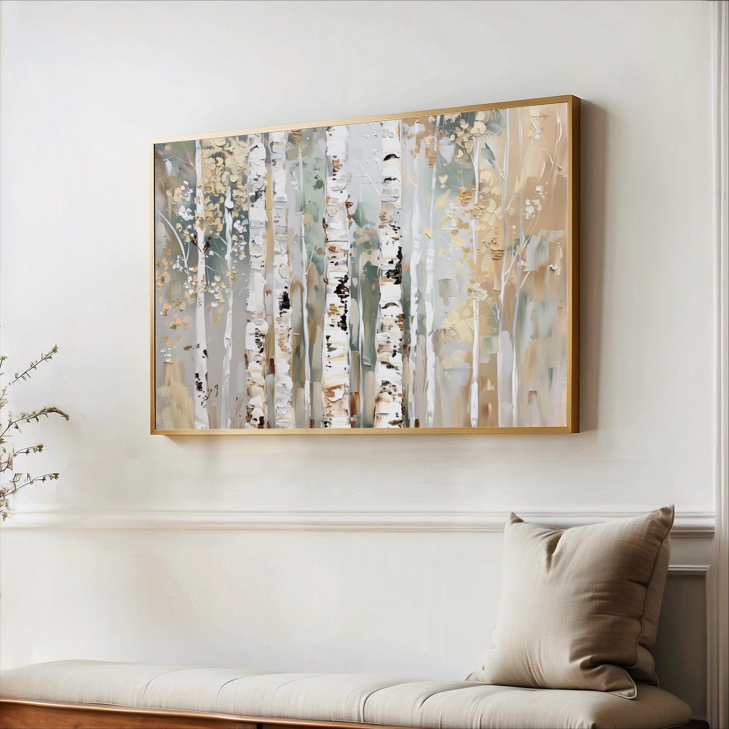 a large, framed painting of birch trees hanging on a white wall. The painting is mounted above a wooden bench, creating a cozy and inviting atmosphere in the room.