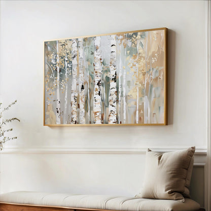 a large, framed painting of birch trees hanging on a white wall. The painting is mounted above a wooden bench, creating a cozy and inviting atmosphere in the room.