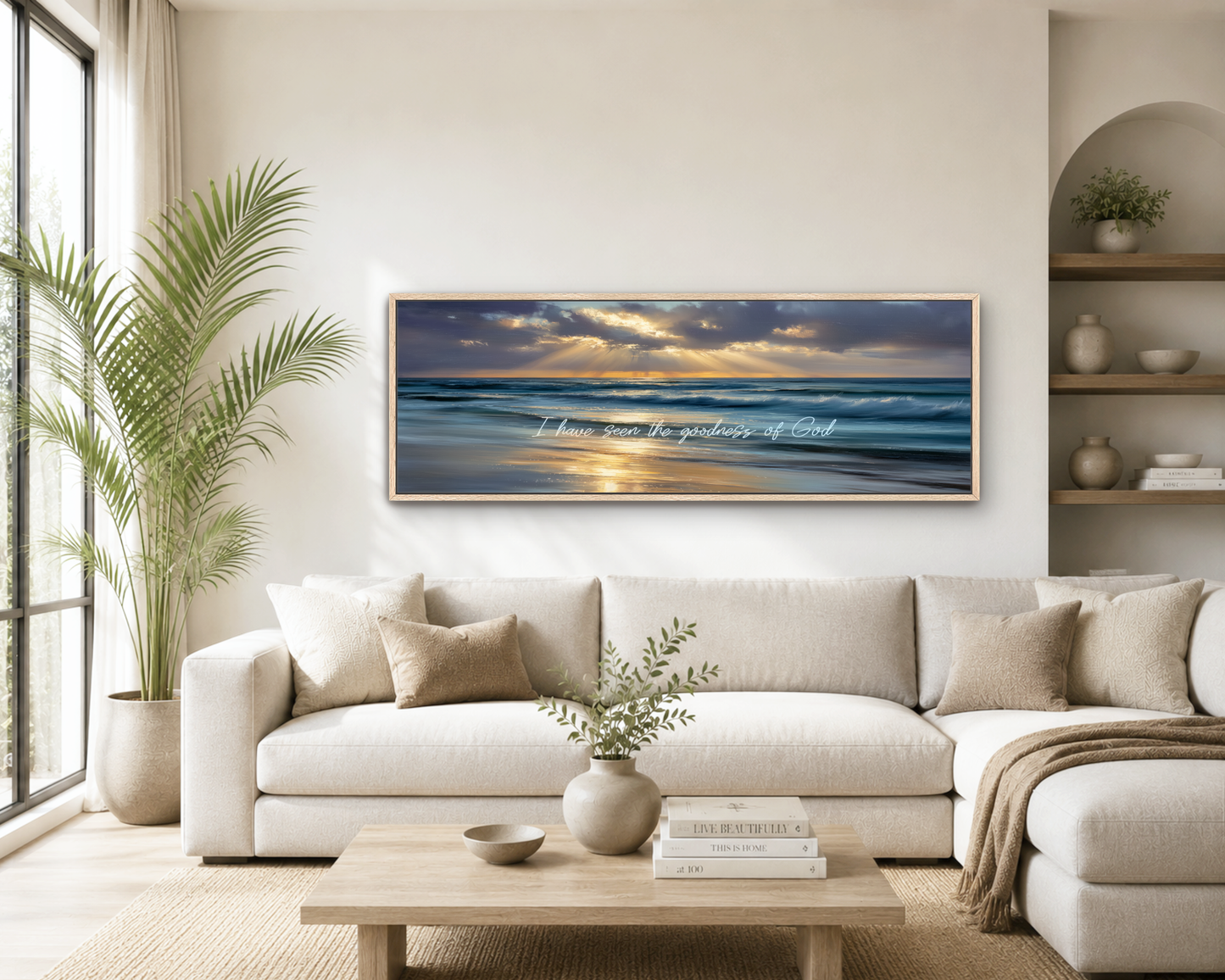 Goodness of God Art, Ocean Sunset Framed Canvas Print, Coastal Beach Sun Rays Over Waves, Large Cloudy Seascape Christian Religious Artwork gold frame
