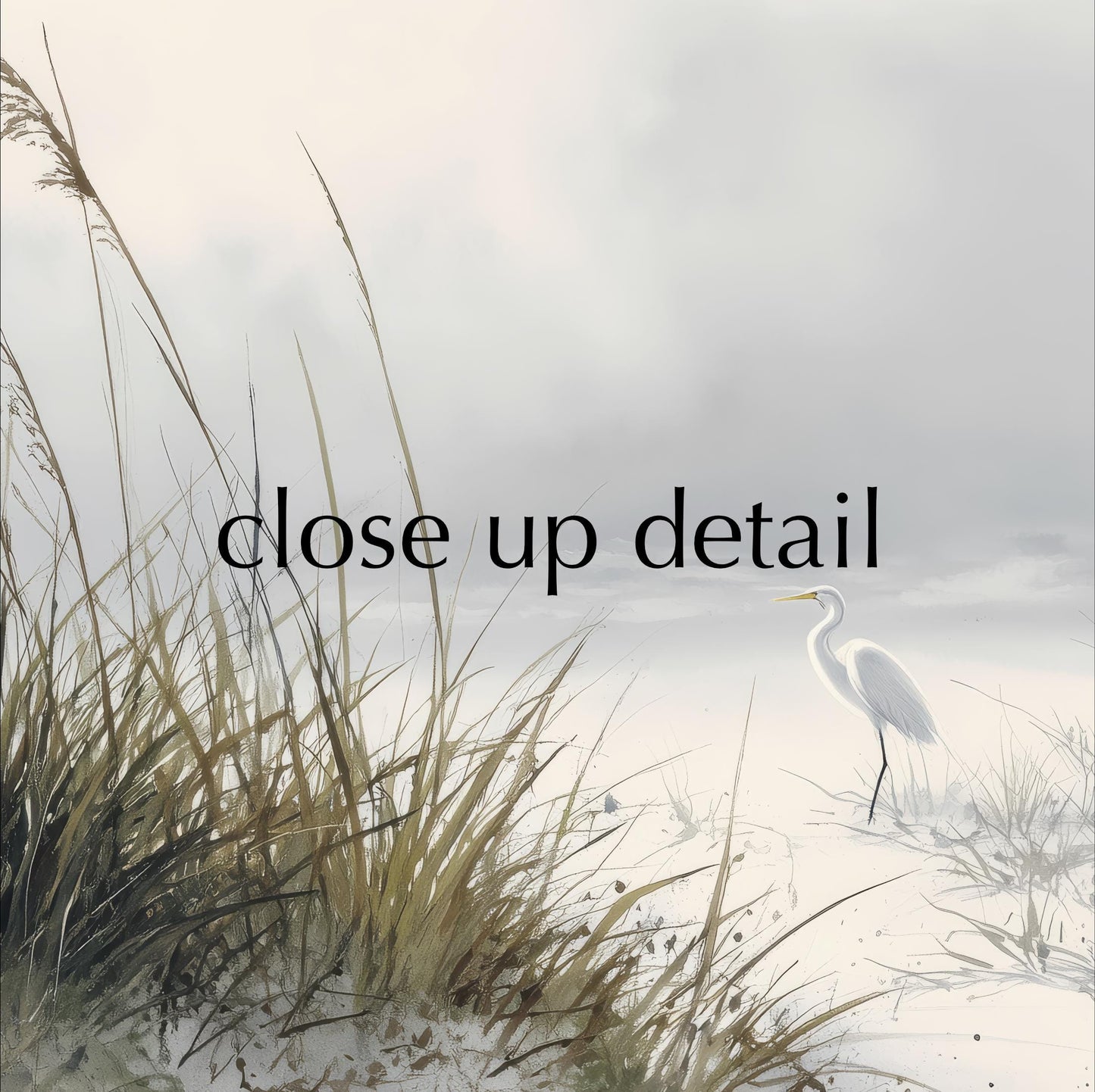 A close-up of a white bird standing on a snowy beach, with tall grasses in the foreground.