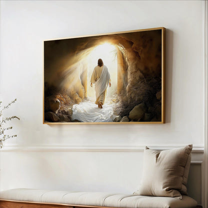 a person walking through a tunnel, with a bright light at the end of the tunnel, suggesting a religious or spiritual theme.