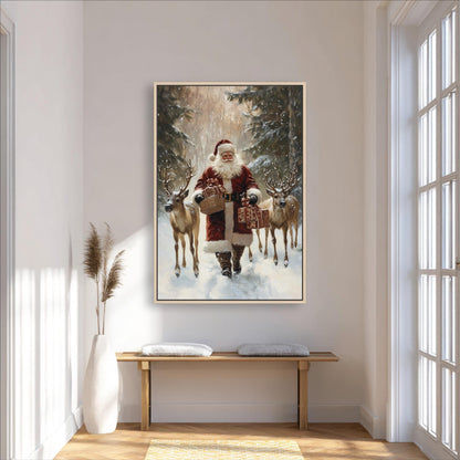 a festive scene with Santa Claus holding reindeer and presents, set against a snowy forest backdrop.