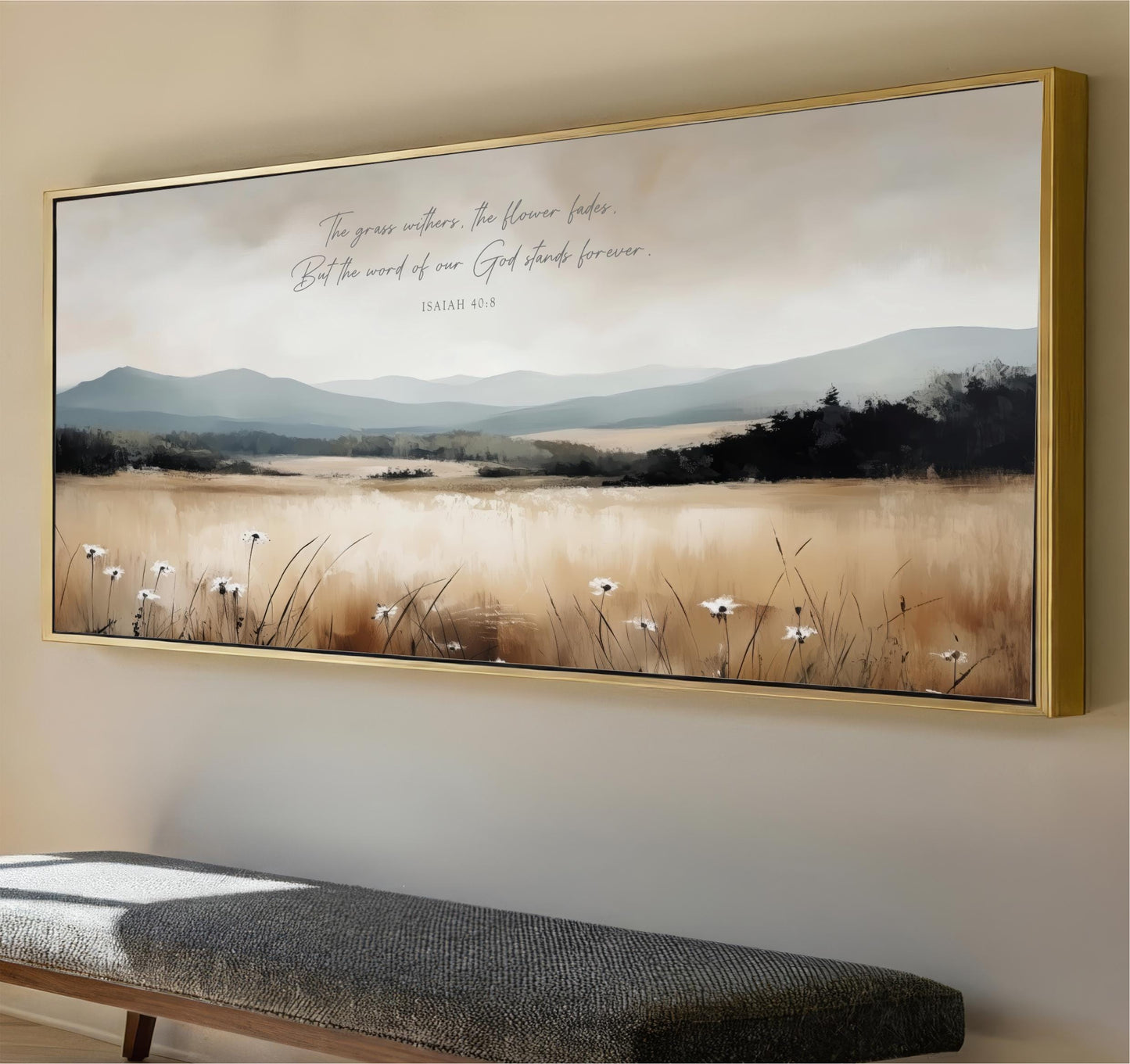 The image is a large framed painting depicting a serene landscape with a field of flowers and mountains in the background.