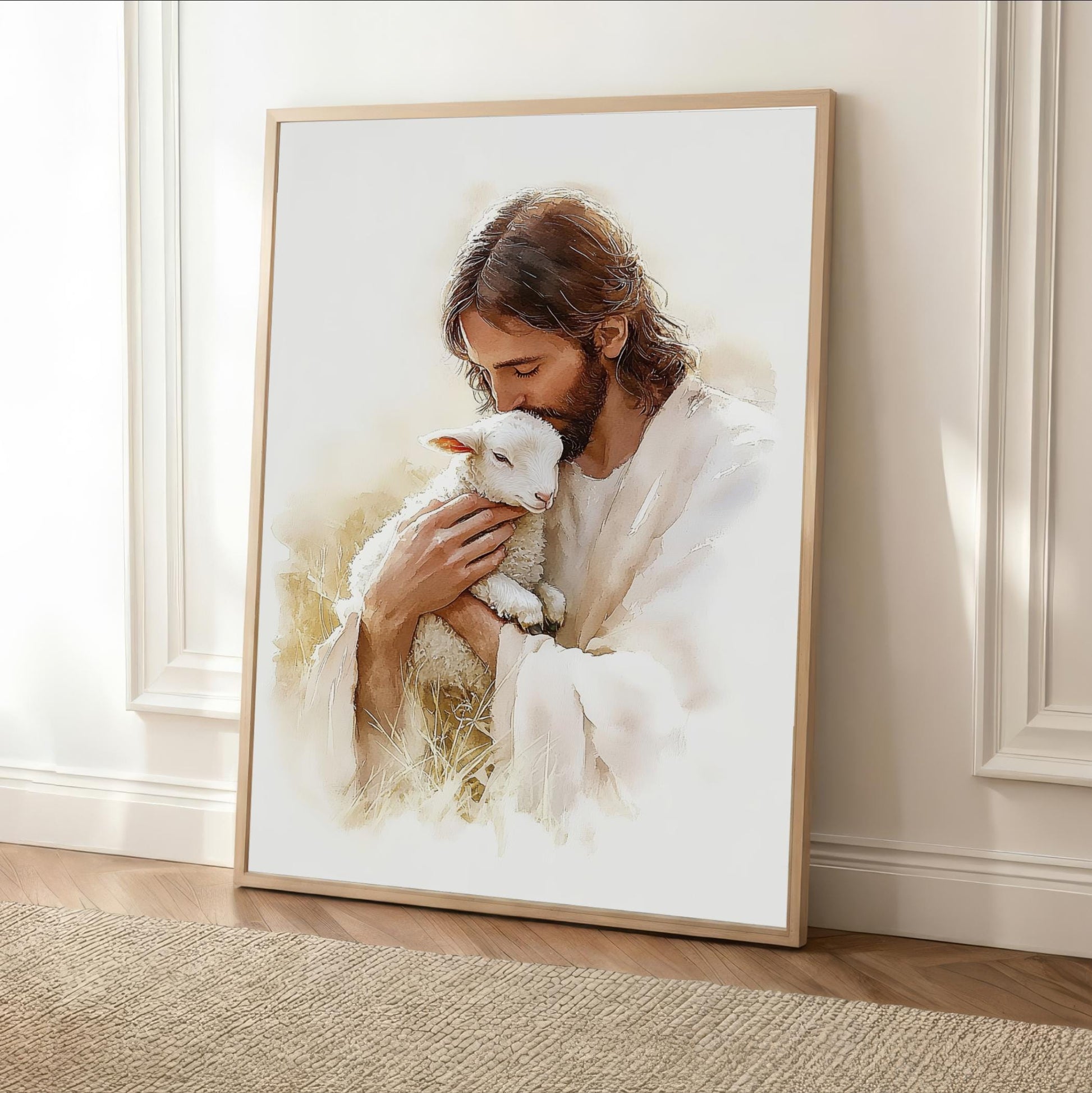 A framed painting depicting a man tenderly holding a lamb, with a serene expression on his face.