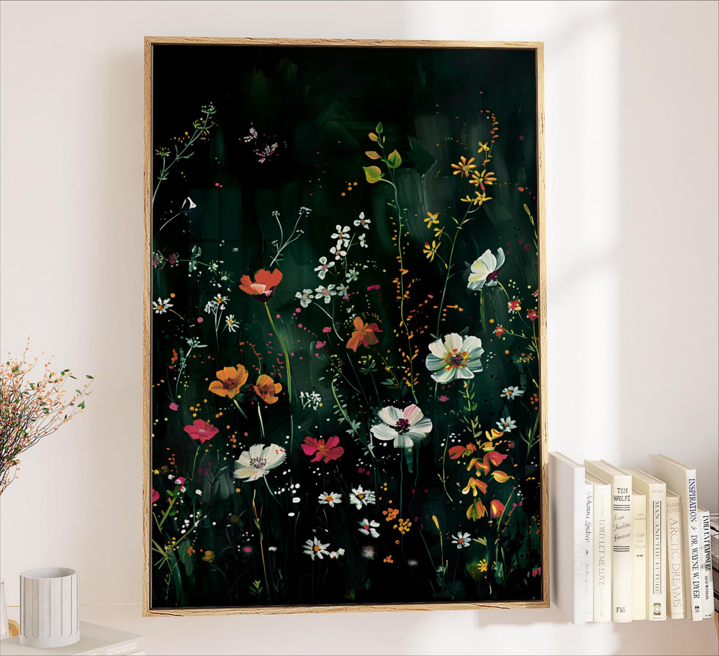 a vibrant painting of a lush, colorful garden scene with various flowers and foliage.