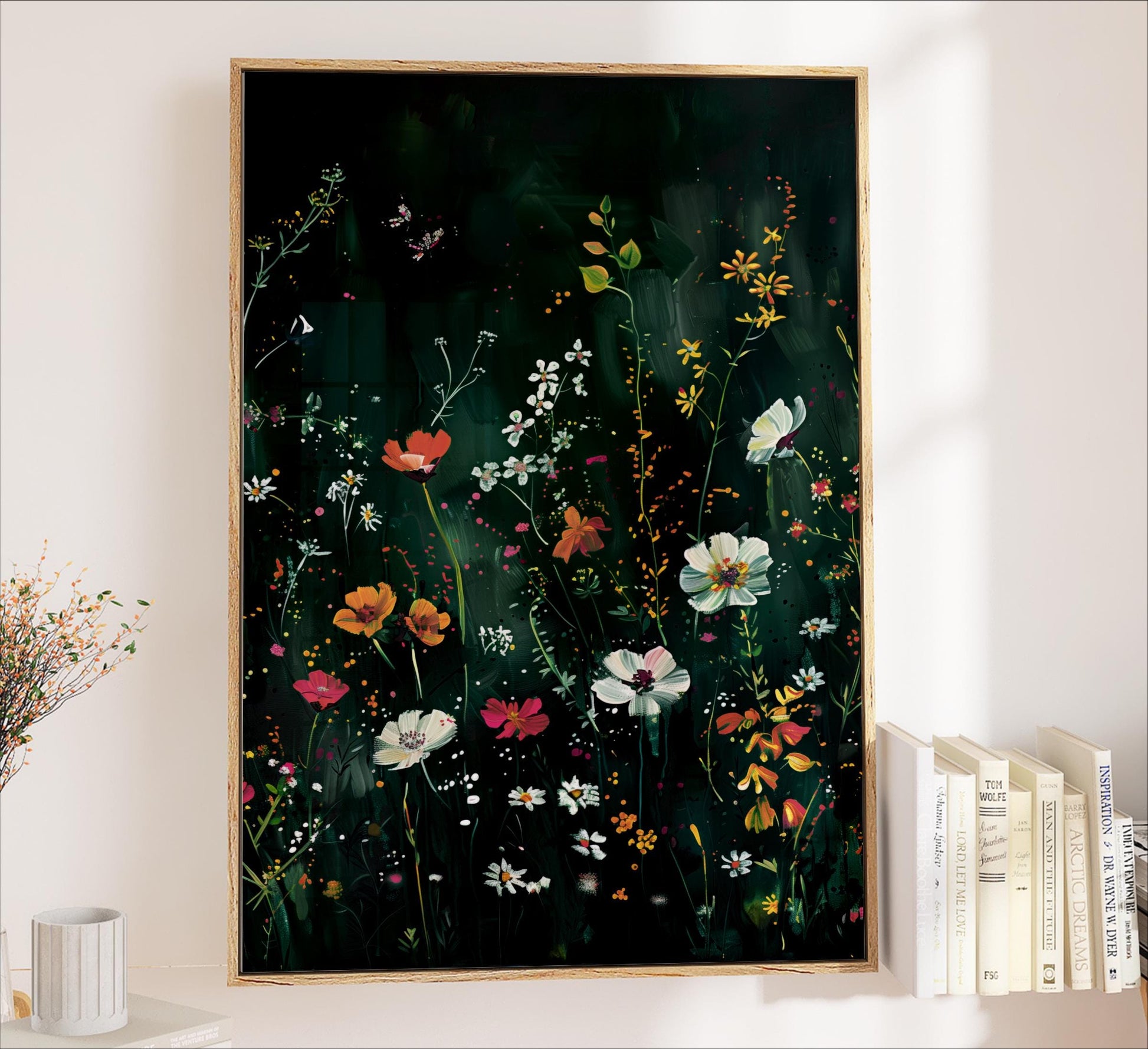 a vibrant painting of a lush, colorful garden scene with various flowers and foliage.
