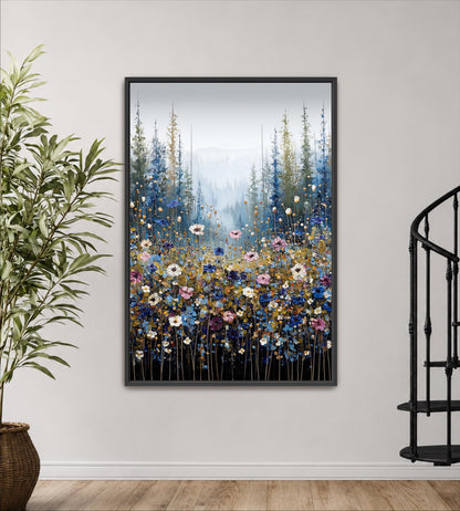 a framed painting of a field of flowers with tall trees in the background, hanging on a wall.
