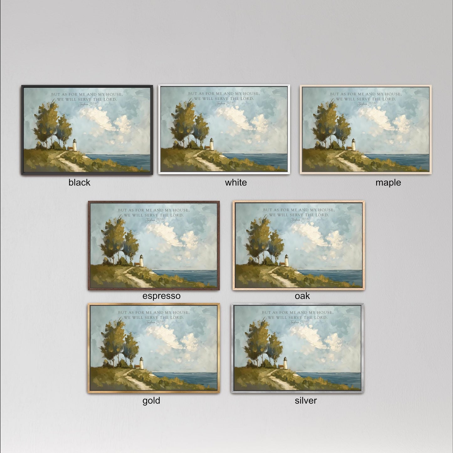 six framed landscape paintings, each with a different color and frame style, arranged in a grid.