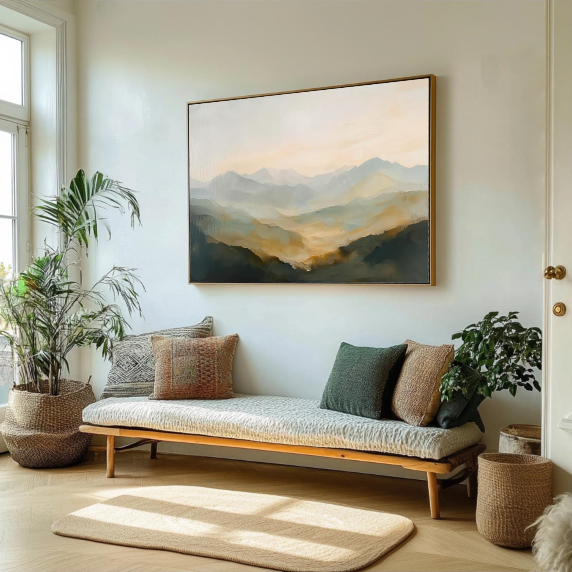 a living room with a large painting of a mountain landscape hanging on the wall above a wooden bench with pillows. The room is decorated with potted plants and a rug, creating a cozy and inviting atmosphere.