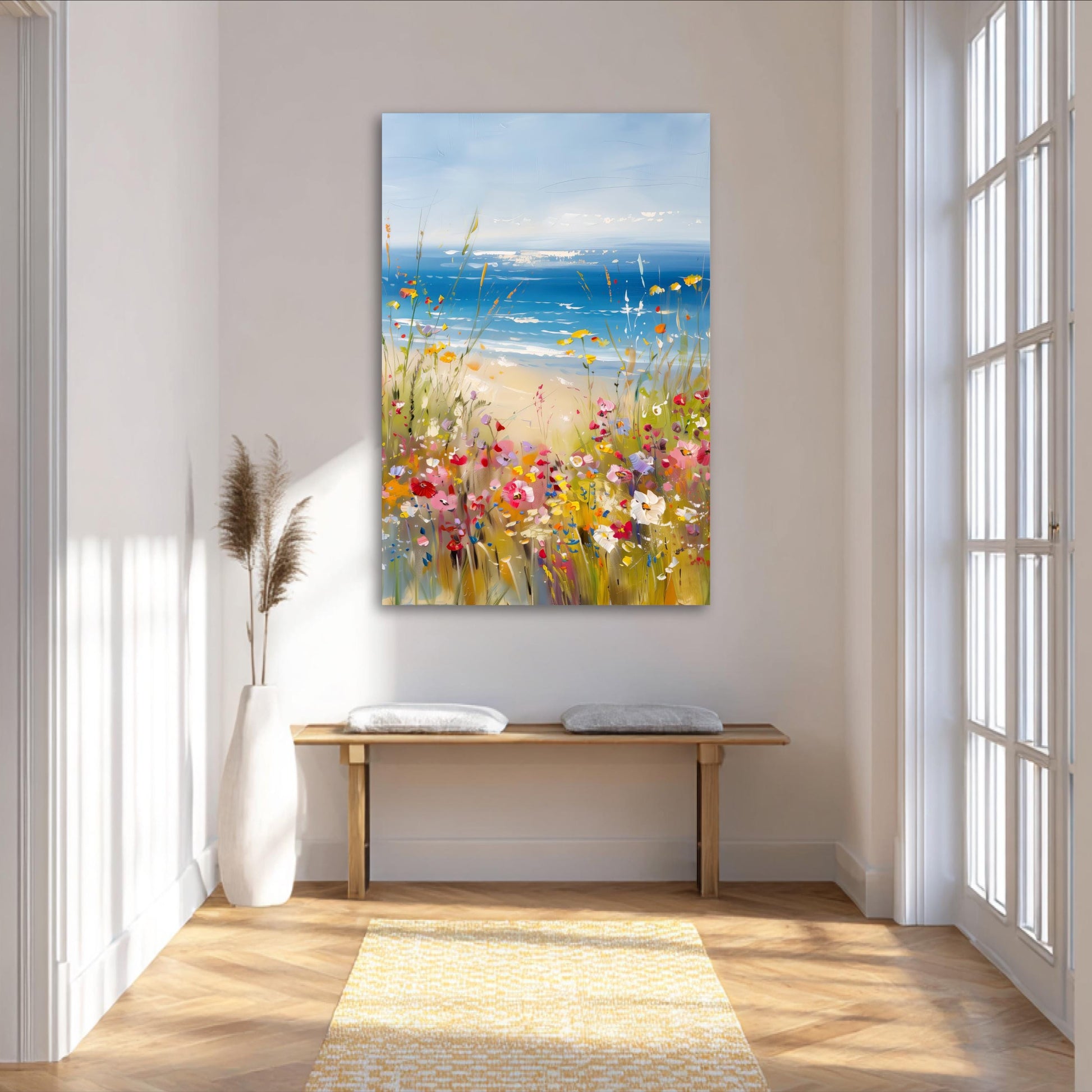 a large painting of a beach scene with a colorful array of flowers and plants, hanging on a wall in a bright and airy room with large windows.