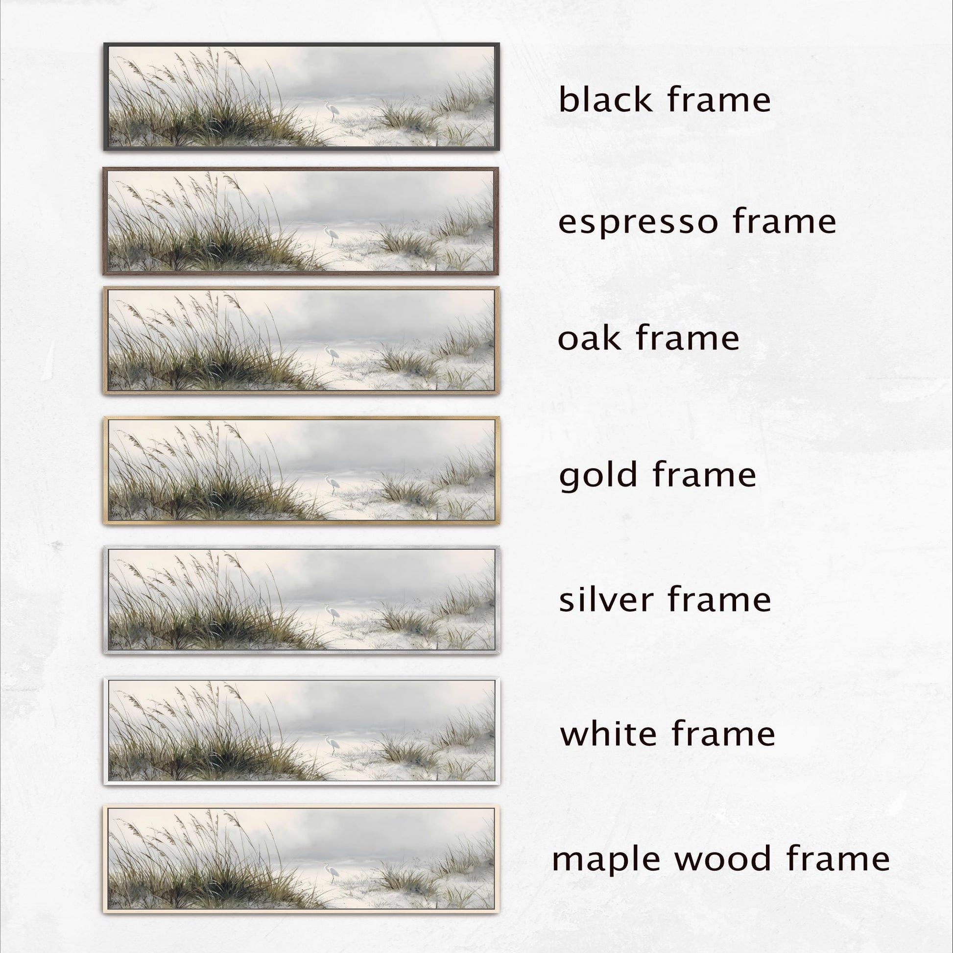 a series of six framed landscape photographs, each with a different frame color and style. The photographs are arranged in a row, showcasing the various frame options available for displaying the landscape scenes.