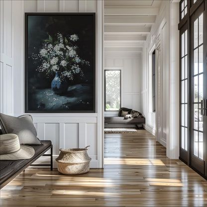 a serene and well-lit hallway with a large painting of a vase filled with white flowers on the wall. The hallway is lined with white walls and features a wooden floor, creating a warm and inviting atmosphere. In the background, there is a couch and a rug, adding to the cozy and comfortable ambiance of the space.