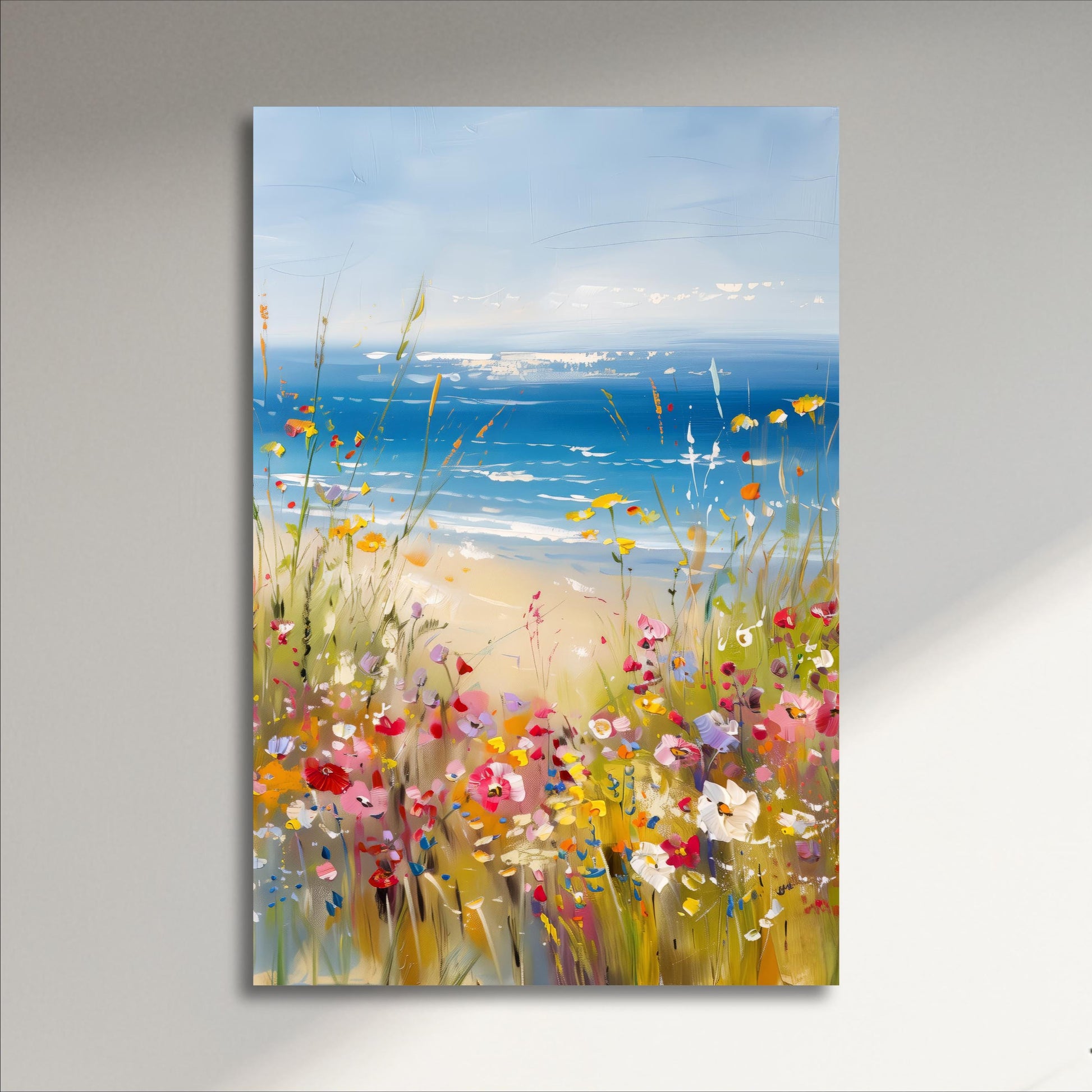 A vibrant painting depicting a serene beach scene with a clear blue sky, lush green grass, and a variety of colorful flowers in the foreground.