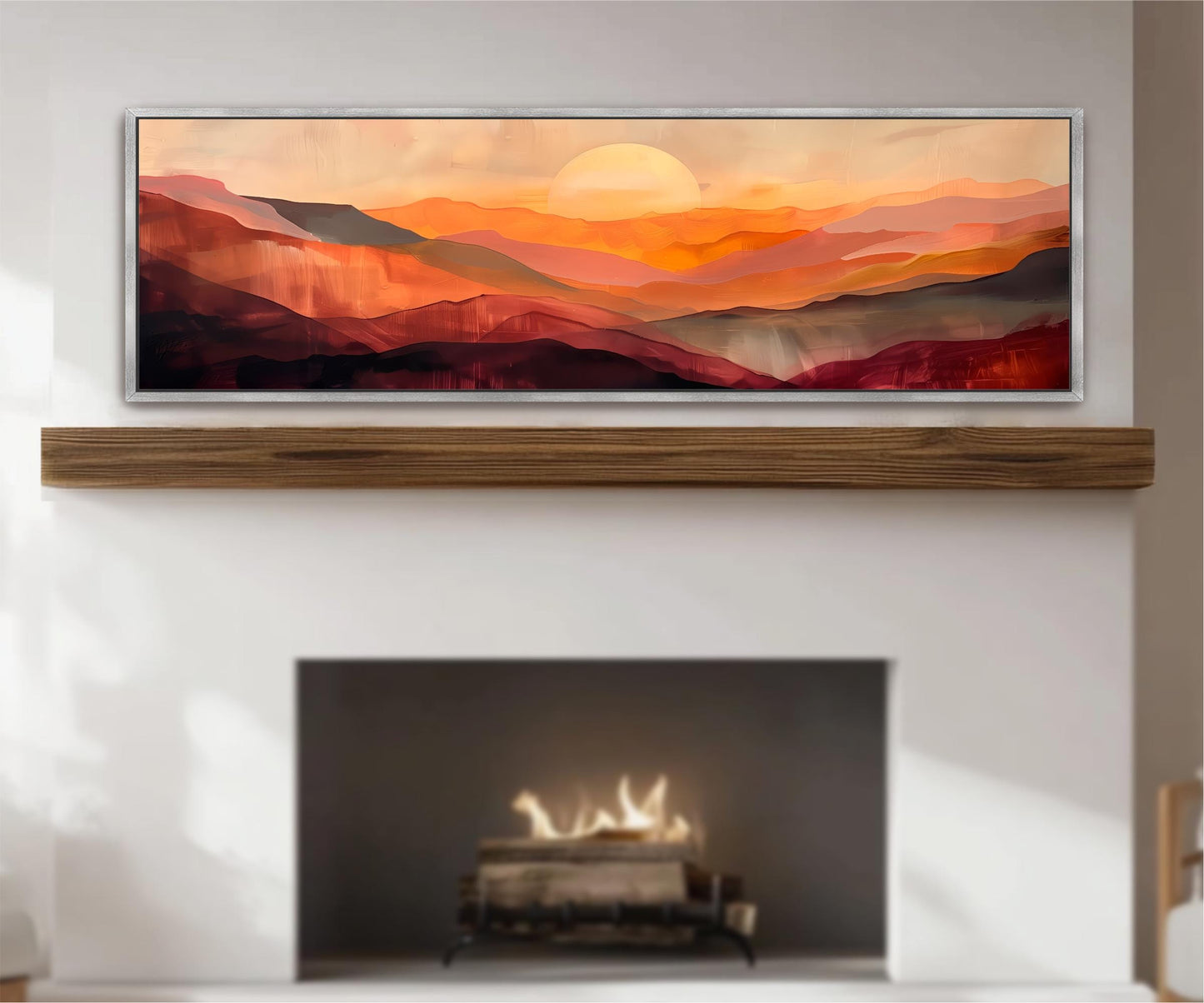 a fireplace with a warm fire burning inside, creating a cozy atmosphere. Above the fireplace, there is a framed painting depicting a scenic mountain landscape with a bright sun in the sky.
