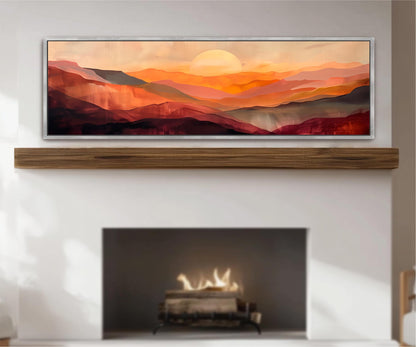 a fireplace with a warm fire burning inside, creating a cozy atmosphere. Above the fireplace, there is a framed painting depicting a scenic mountain landscape with a bright sun in the sky.