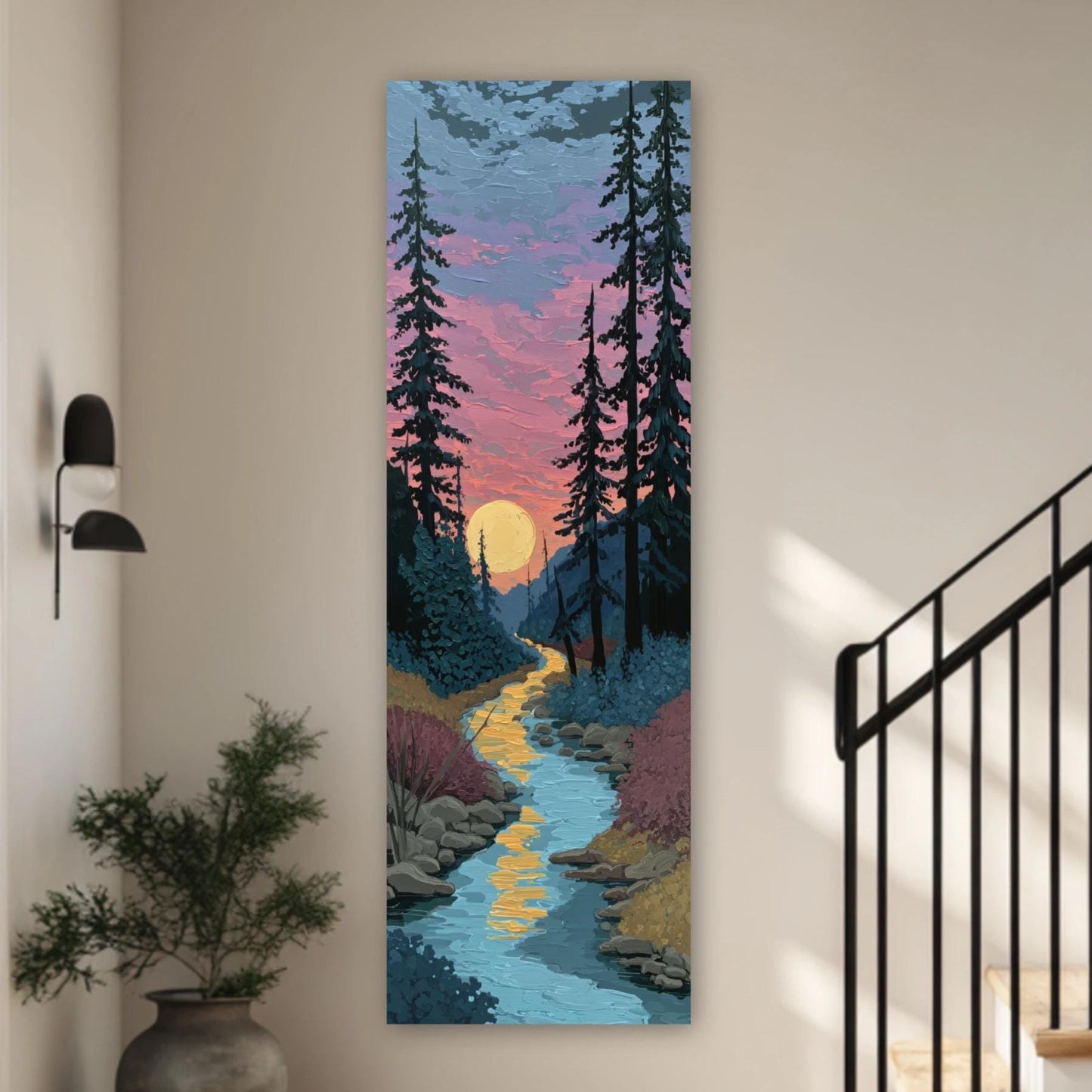 a large vertical painting hanging on a wall, depicting a serene landscape with a winding river, trees, and a sunset.