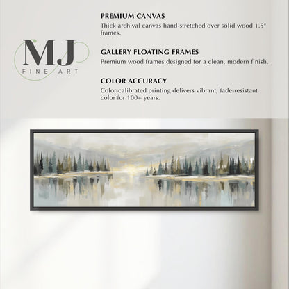 The image is a framed artwork depicting a serene landscape with a lake and trees. The artwork is a premium canvas hand-stretched over solid wood 1.5" frames, designed for a clean, modern finish. The color accuracy of the painting is color-calibrated printing, which delivers vibrant, fade-resistant color for 100+ years.