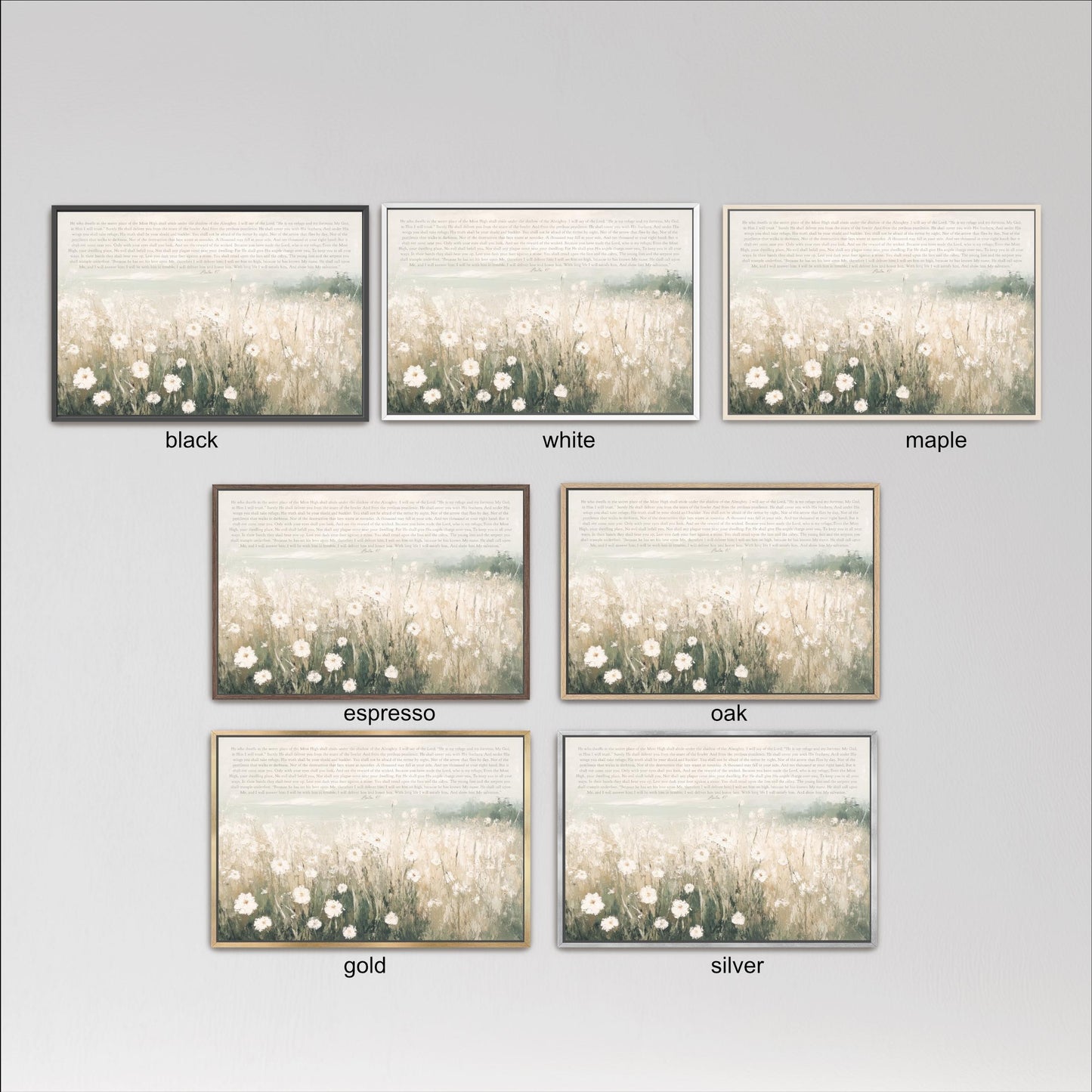six framed pictures of a field with flowers, each in a different color and frame style. The pictures are arranged in a grid format, with three pictures in each row and two pictures in each column. The frames are labeled with the color and style of the frame, such as black, white, maple, espresso, oak, gold, and silver.