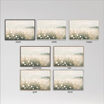 six framed pictures of a field with flowers, each in a different color and frame style. The pictures are arranged in a grid format, with three pictures in each row and two pictures in each column. The frames are labeled with the color and style of the frame, such as black, white, maple, espresso, oak, gold, and silver.