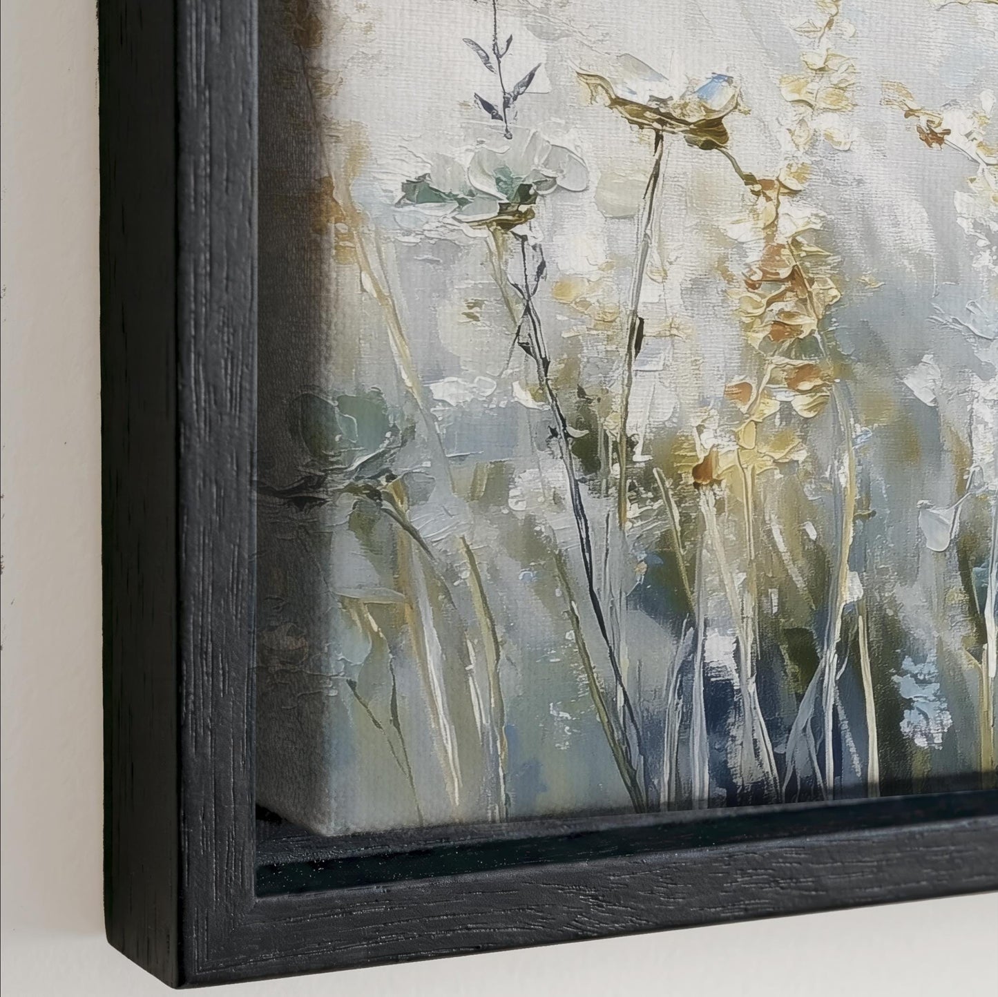 The image is a framed painting depicting a field of flowers with various shades of green, yellow, and white.